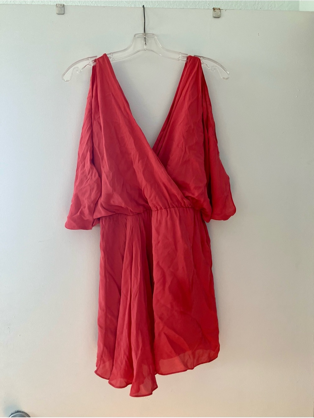 Haute Hippie Pure Silk Coral-Red V-Neck Open Shoulder Mini Dress; Some Stains